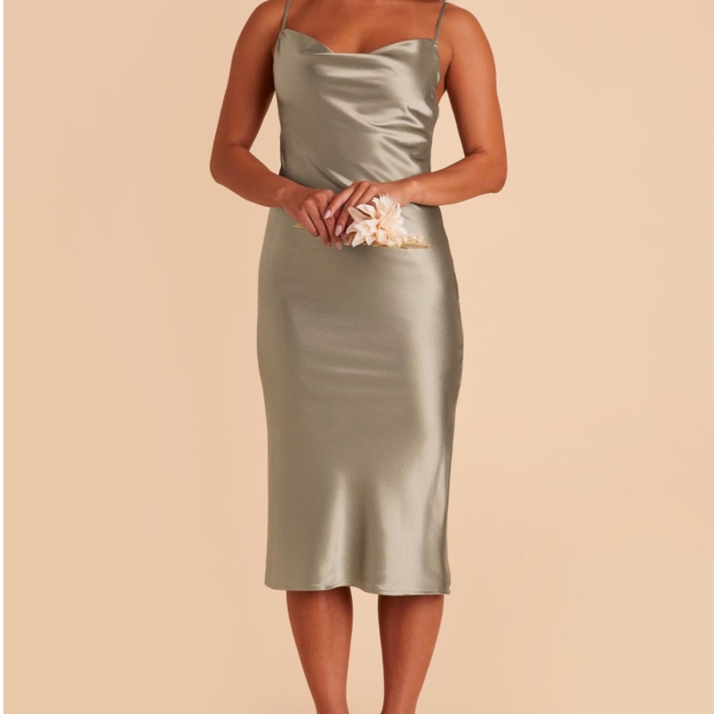Birdy Grey Moss Green Shiny Satin Midi Dress